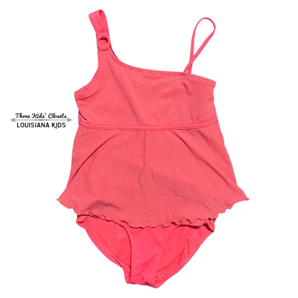 Justice 14Y Pink & Silver Metallic Striped Tankini One-Shoulder Swimsuit